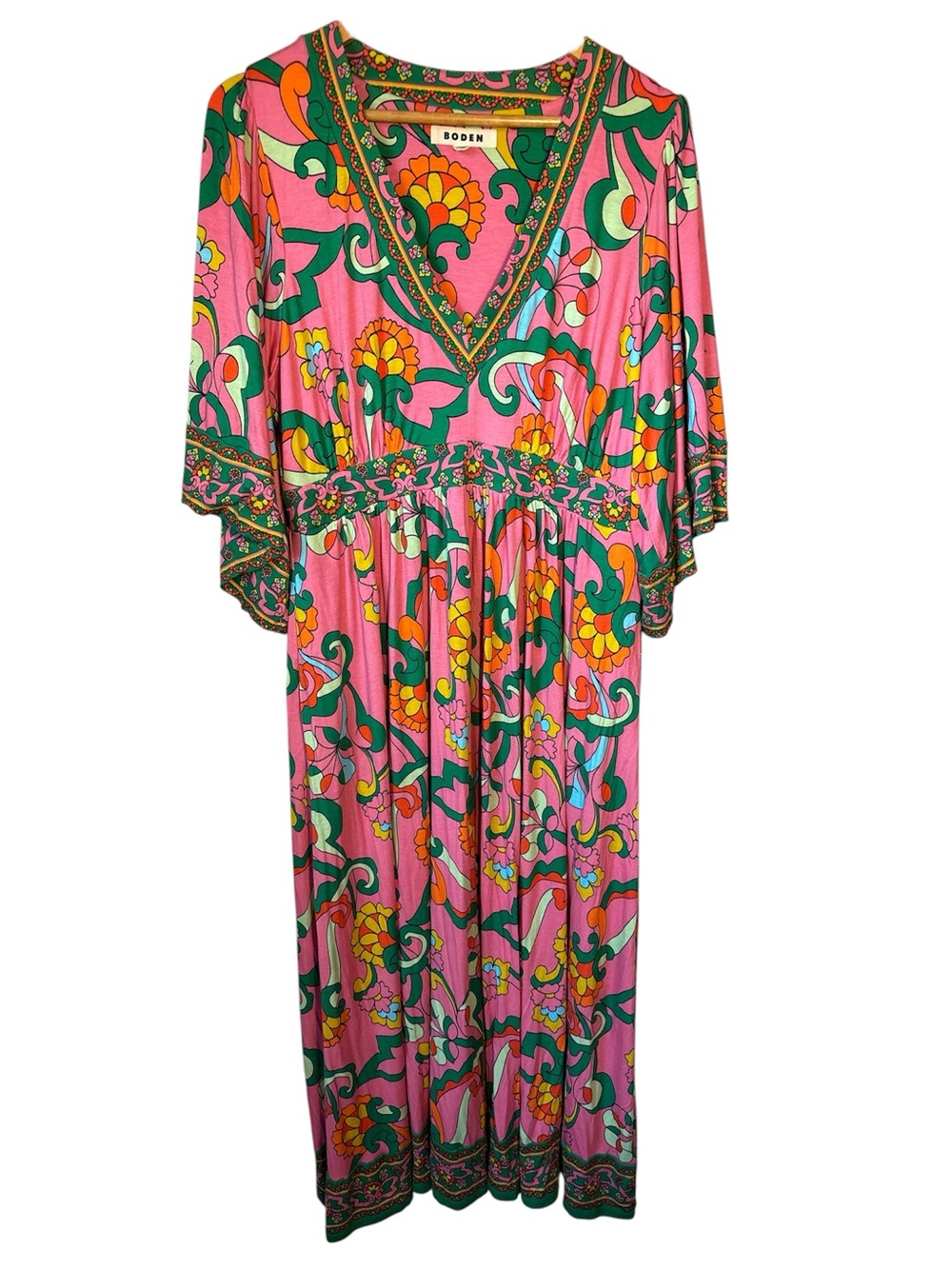Boden Maya Pink Kimono Jersey Maxi Dress Maximalist Tropical Colorful 12R Resort